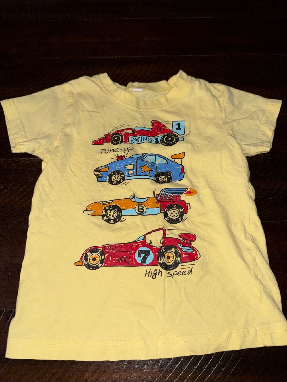 Yellow Kids Tee with Colorful Race Car Graphics